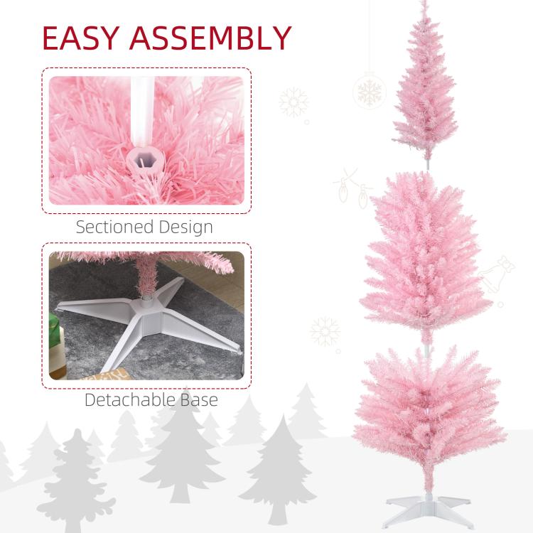 Pink pre-lit pencil Christmas tree with detachable star base and sectioned design