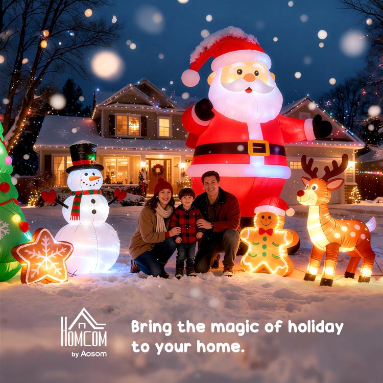 Inflatable Santa Claus on sleigh with LED lights and reindeer, outdoor holiday yard decor