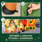 Inflatable yard decoration with tethers, ground stakes, and sandbags for outdoor use