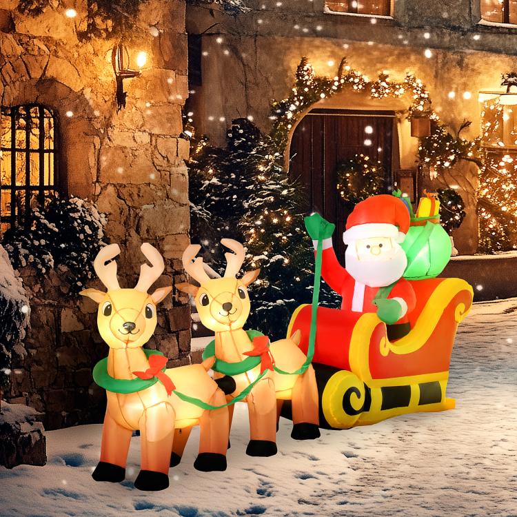 Inflatable Santa on sleigh with reindeer, glowing lights for outdoor yard display