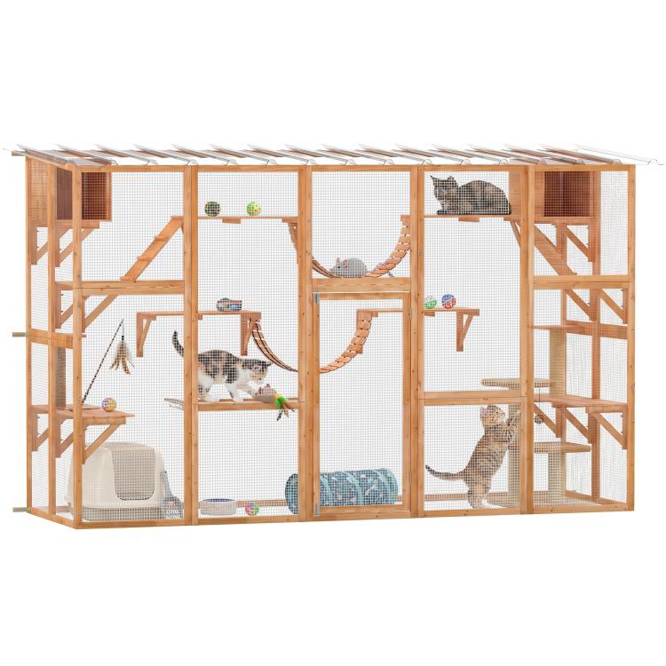 Outdoor wooden cat enclosure with mesh panels, shelves, bridges, and hammock beds