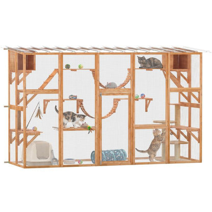Outdoor wooden cat enclosure with mesh panels, shelves, bridges, and hammock beds