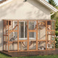 Outdoor wooden cat playhouse enclosure with mesh panels, shelves, and hammock platforms
