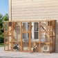 Outdoor wooden cat enclosure with mesh doors, stacked shelves, and multiple resting areas