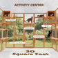 Wooden cat activity center enclosure with ramps, scratching posts, and multiple climbing areas