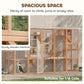 Wooden multi-cat enclosure with large entry door, mesh panels, and sturdy wooden perches