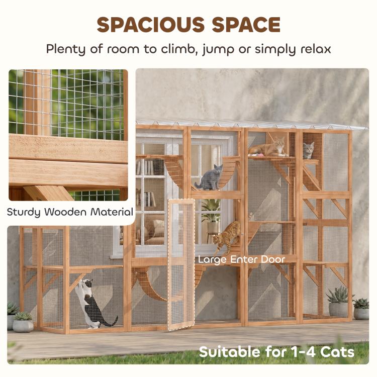 Wooden multi-cat enclosure with large entry door, mesh panels, and sturdy wooden perches