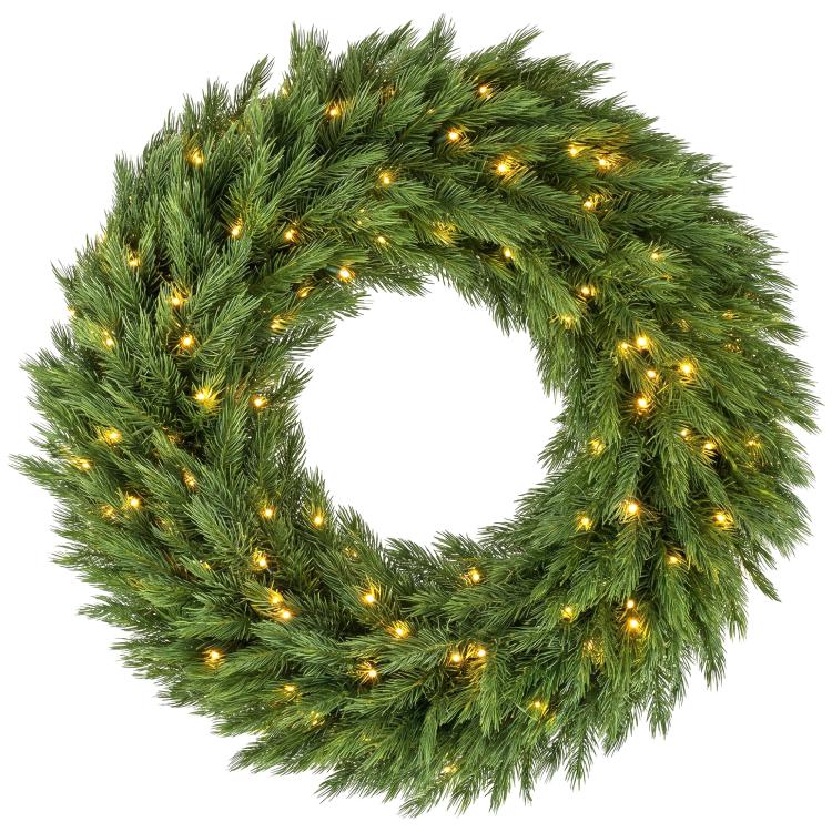 Green pre-lit artificial Christmas wreath with warm LED lights, round evergreen design