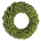 Green pre-lit artificial wreath with warm LED lights, dense evergreen ring