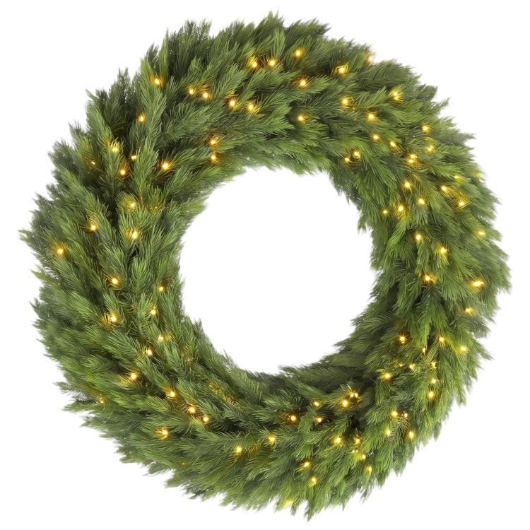 Green pre-lit artificial wreath with warm LED lights, dense evergreen ring