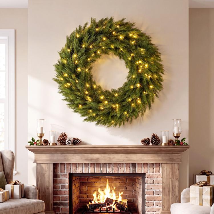 Green pre-lit artificial Christmas wreath with warm LED lights, hanging circular evergreen