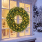 Green pre-lit outdoor Christmas wreath with warm LED lights, circular evergreen garland