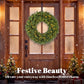 Green pre-lit artificial wreath with warm LED lights, hanging evergreen circle