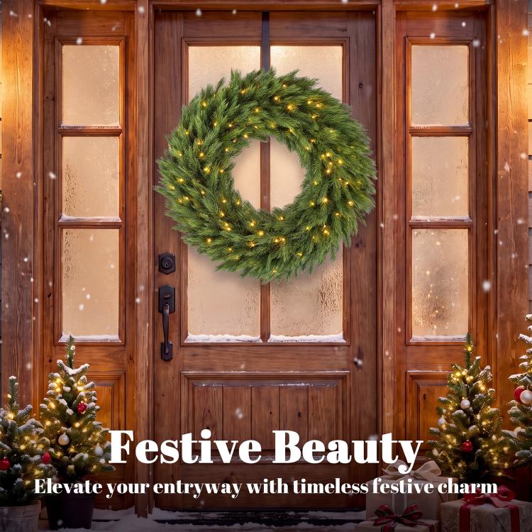 Green pre-lit artificial wreath with warm LED lights, hanging evergreen circle