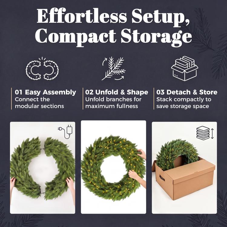 Circular green pre-lit wreath with warm LED lights, shown with sectioned shape