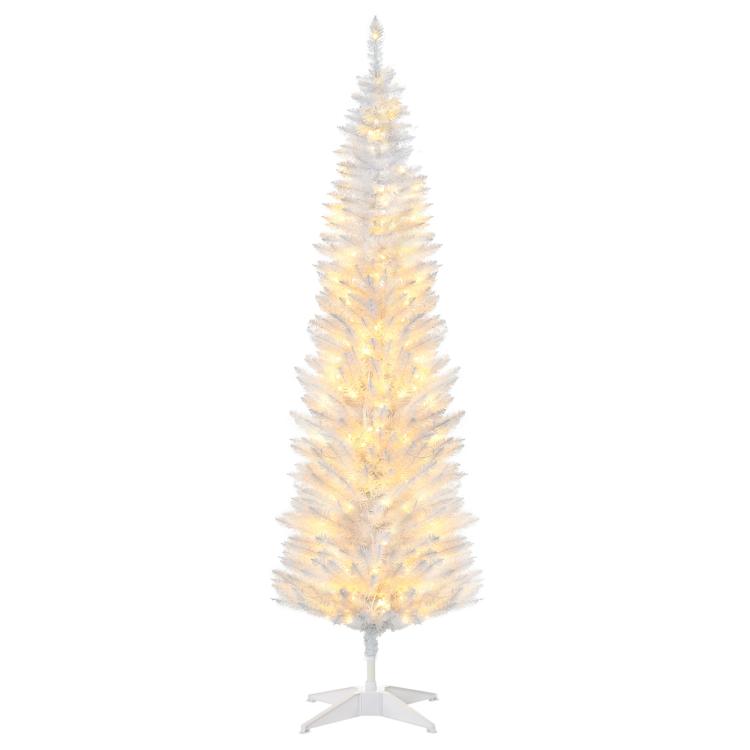 Slim white artificial Christmas tree with warm white LED lights, full conical shape