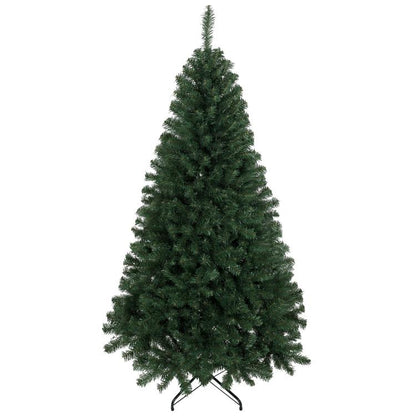 Artificial green Christmas tree with dense branches on black metal stand