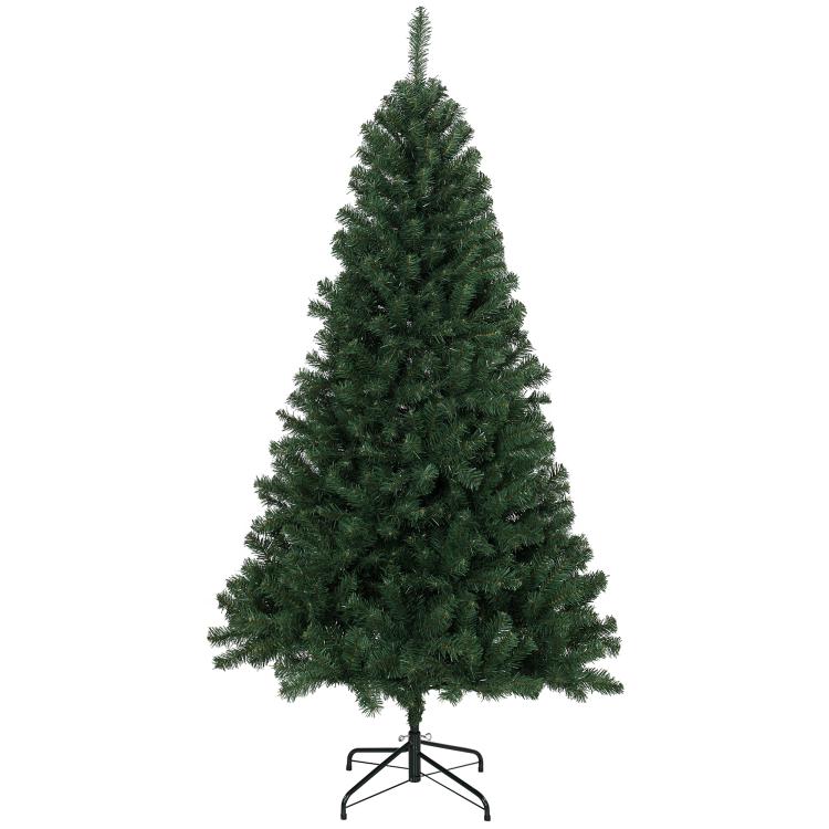 Artificial green Christmas tree with dense branches and black metal tripod stand