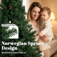 Artificial green Christmas tree with dense branches on metal stand