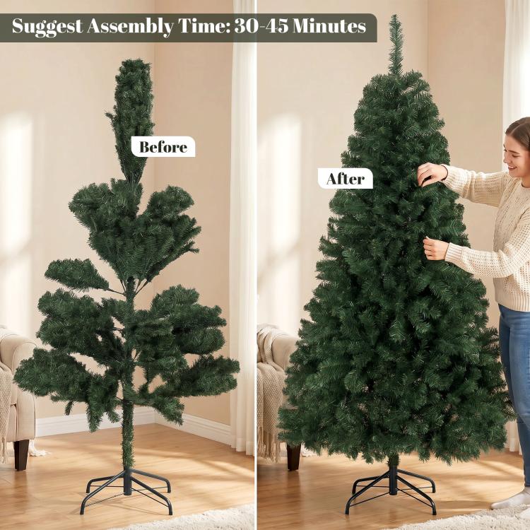 Two artificial green Christmas trees on black metal stands, left fuller than right
