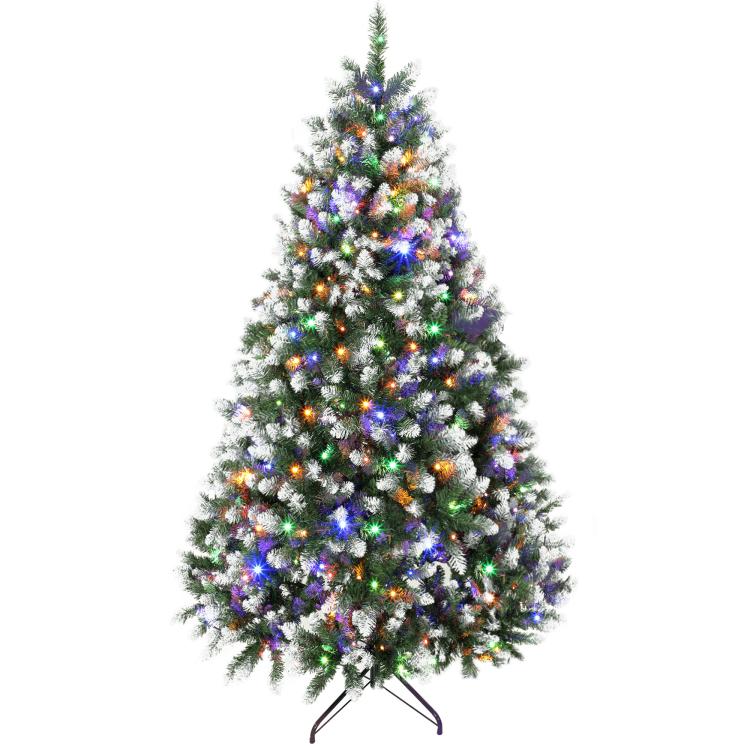 7.5 ft pre-lit artificial Christmas tree with multicolor LED lights and hinged stand