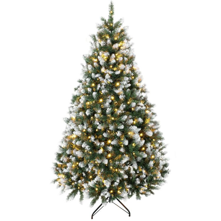 7.5 ft pre-lit artificial Christmas tree with warm white LED lights and hinged stand