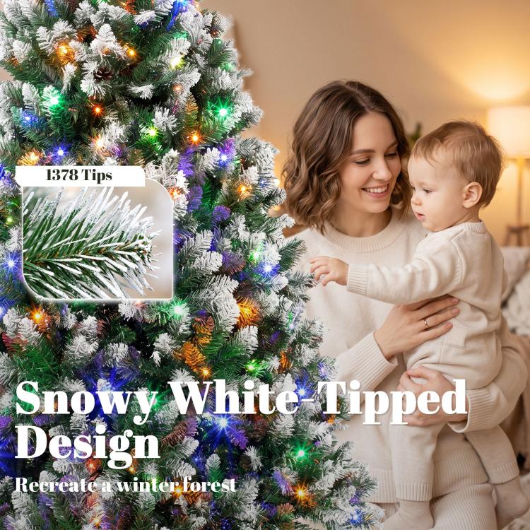 Snowy white-tipped artificial Christmas tree with multicolor pre-lit LED lights