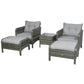 Wicker lounge chair set with two ottomans, dark gray weave and light gray seat cushions