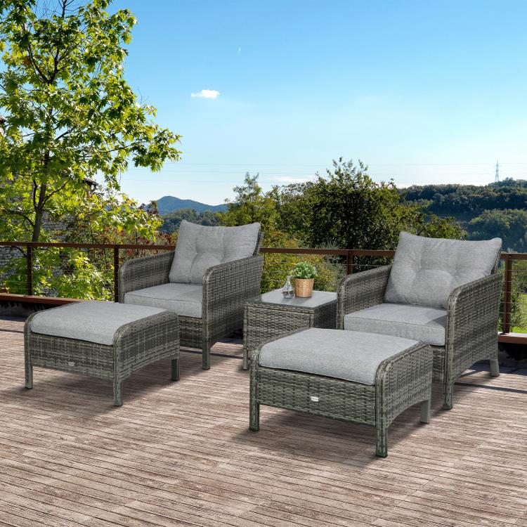 Outdoor wicker lounge chairs with ottoman table, dark gray weave and light gray cushions
