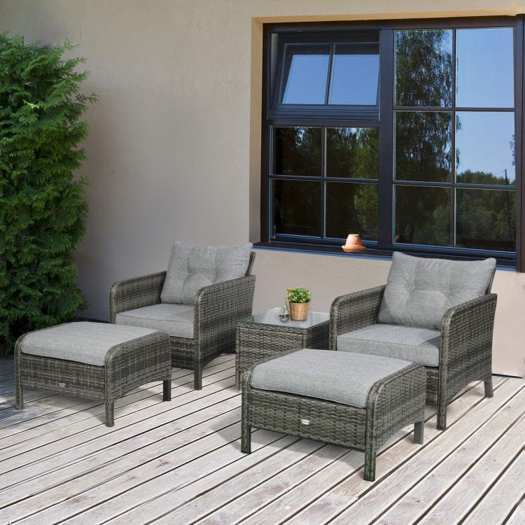 Wicker lounge chair set with ottomans, dark gray frame and light gray padded cushions