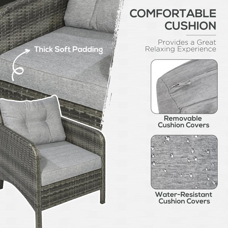 Gray wicker lounge chair with thick padded cushion and removable cover detail