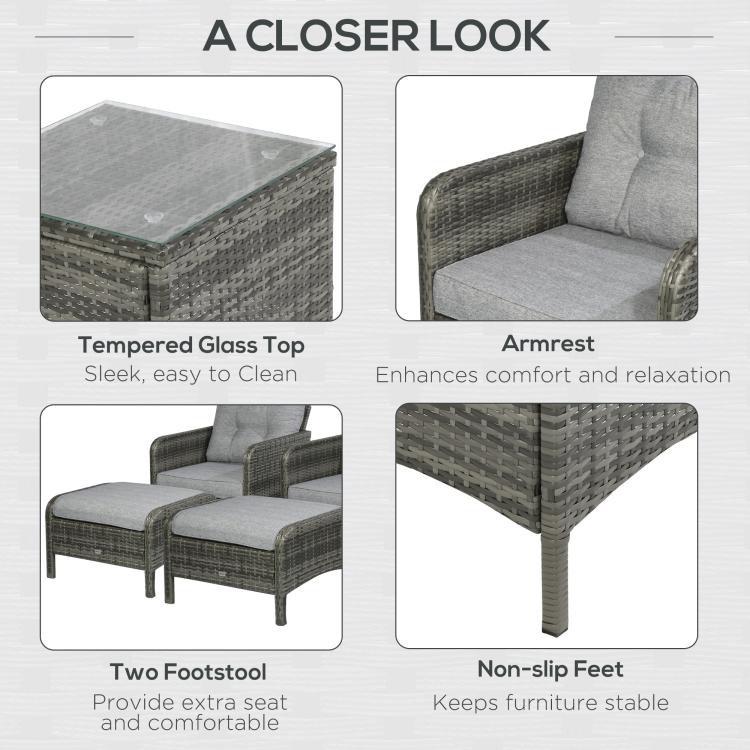 Set detail view: tempered glass top, cushioned armrest, non-slip feet