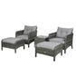 Wicker lounge chair set with two ottomans, dark gray weave and light gray cushions