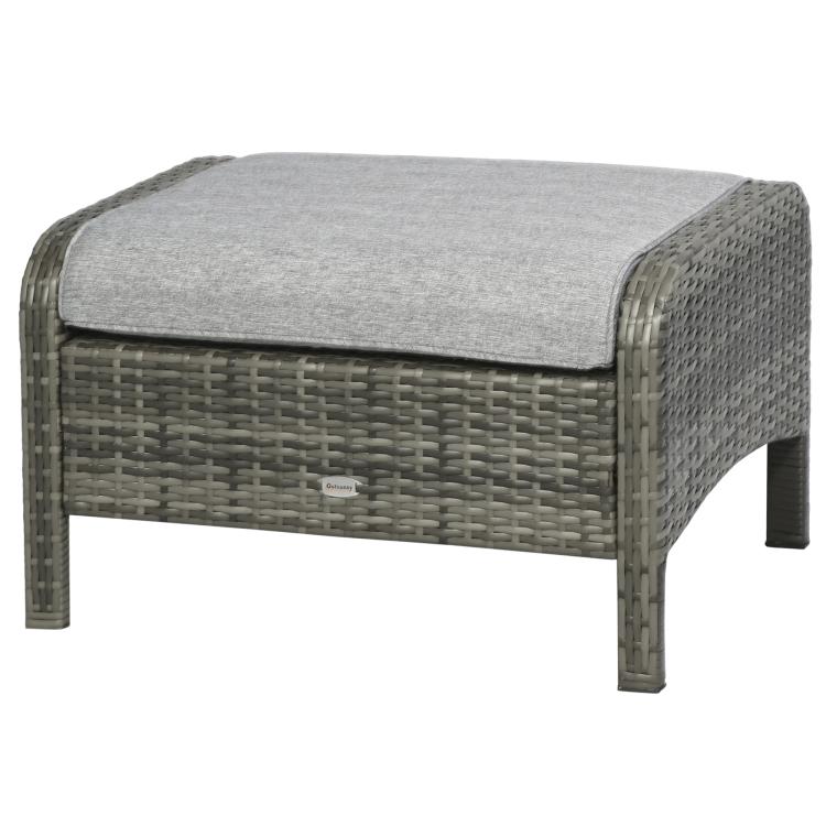Wicker ottoman with light gray padded cushion and dark gray woven frame