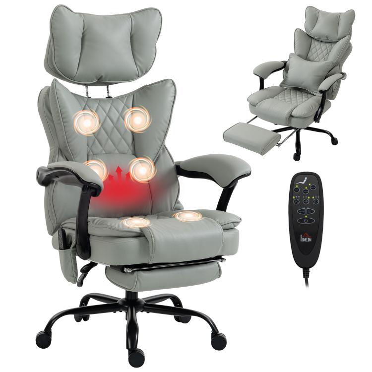Gray office massage heated chair with headrest, footrest, and reclining armrests