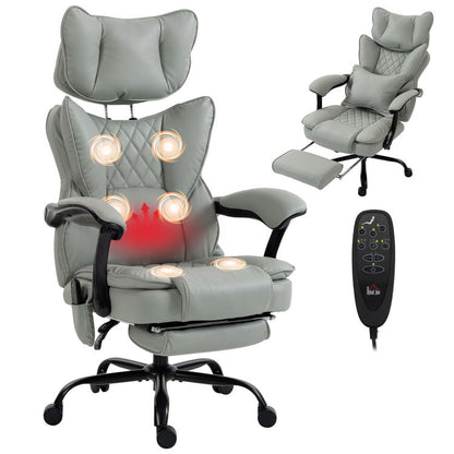 Gray office massage heated chair with headrest, footrest, and reclining armrests