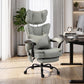 Gray massage office chair with tall headrest, padded seat, and smooth arm controls