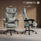 Gray heated massage office chair shown in side profile with recline and footrest
