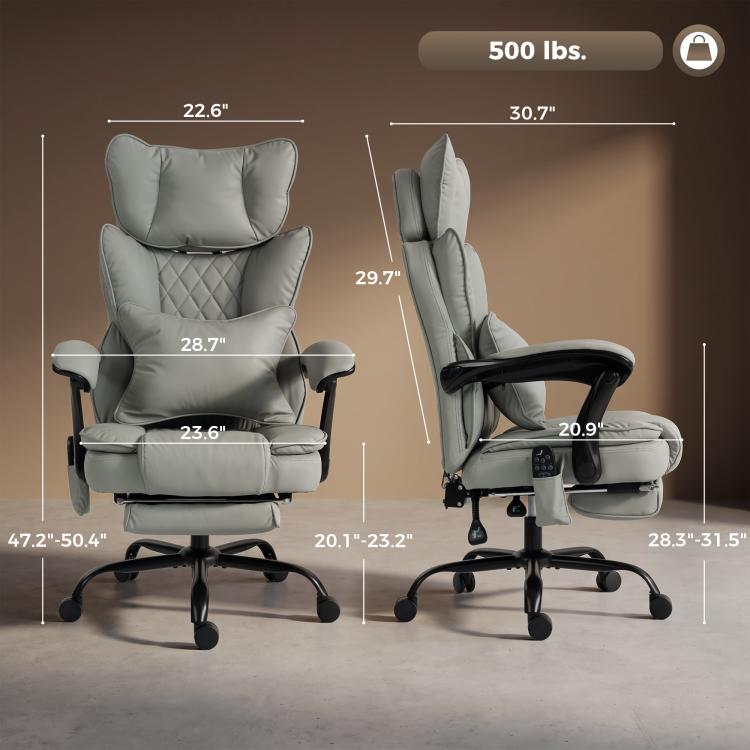 Gray heated massage office chair shown in side profile with recline and footrest