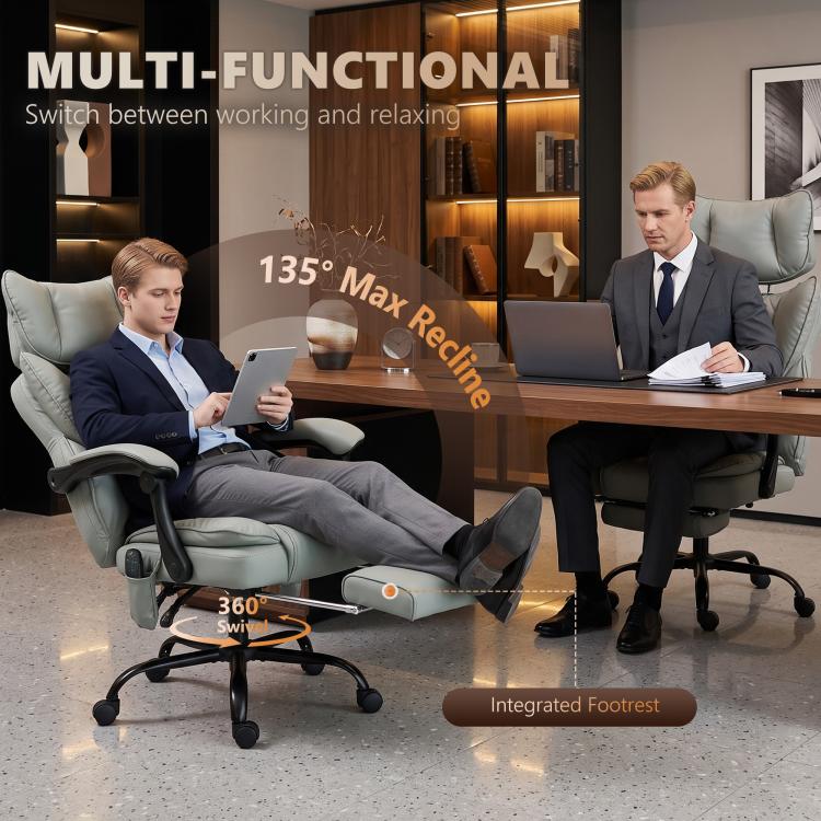 Gray office massage chair with reclining seat and integrated footrest