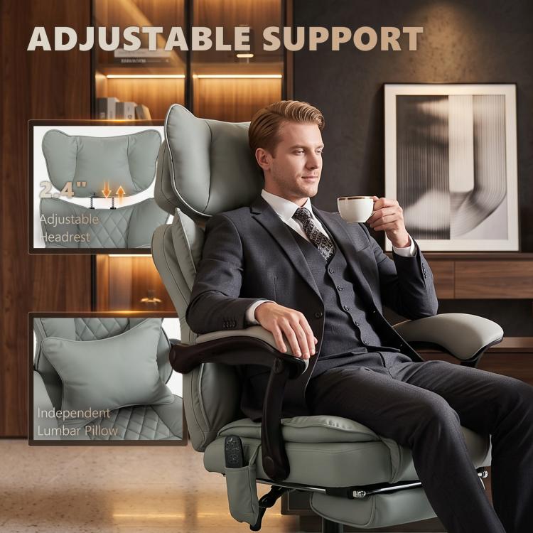 Gray adjustable office massage chair with padded headrest and lumbar support