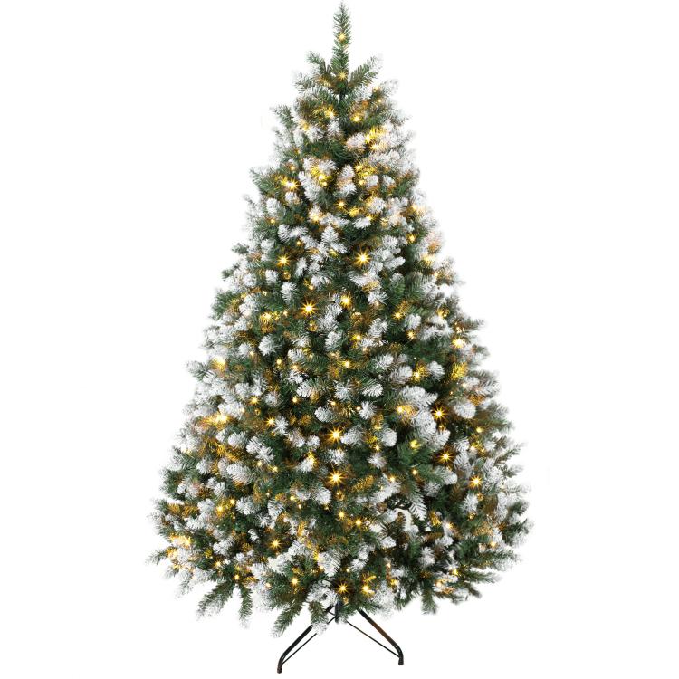 Frosted artificial Christmas tree with warm white LED lights and metal stand
