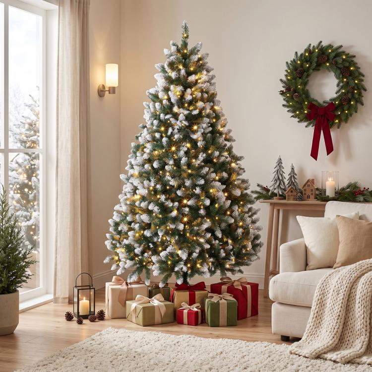 Frosted artificial Christmas tree with warm white LED lights and metal stand