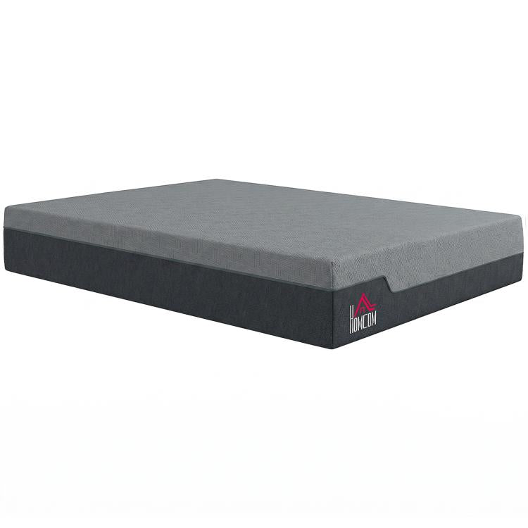 12-inch queen memory foam mattress, grey cover, dark base, corner logo