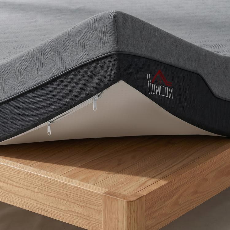 Corner view of queen memory foam mattress with black side panel and grey top