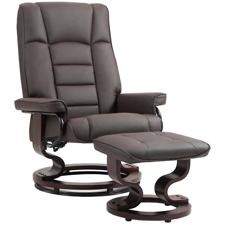 Dark gray swivel reclining chair with ottoman, padded arms and recline base