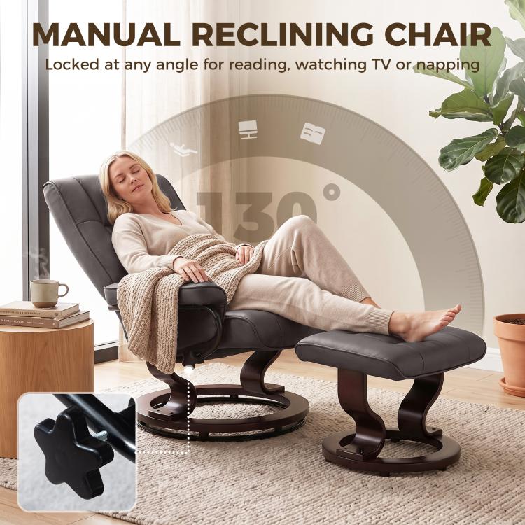 Manual reclining lounge chair with ottoman, dark gray upholstery and adjustable back