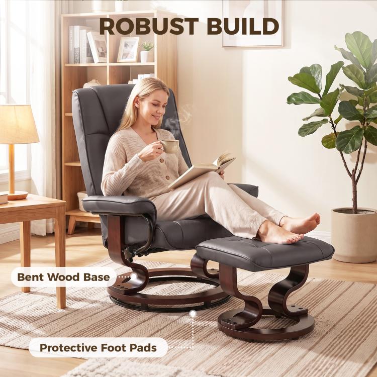 Robust dark gray reclining swivel chair with ottoman, bent wood-style base parts
