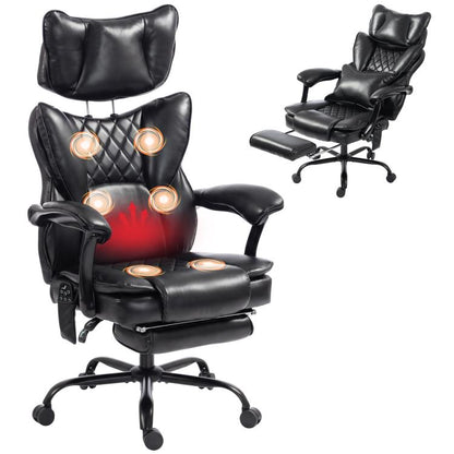 Black heated office massage chair with padded headrest, armrests, and footrest
