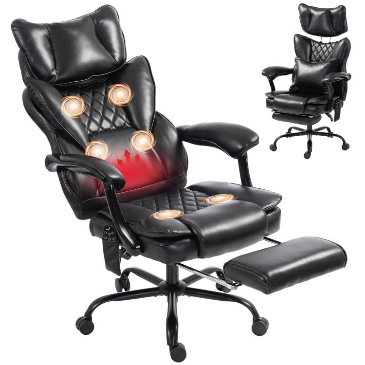 Black office massage chair with headrest, quilted back, and extended footrest